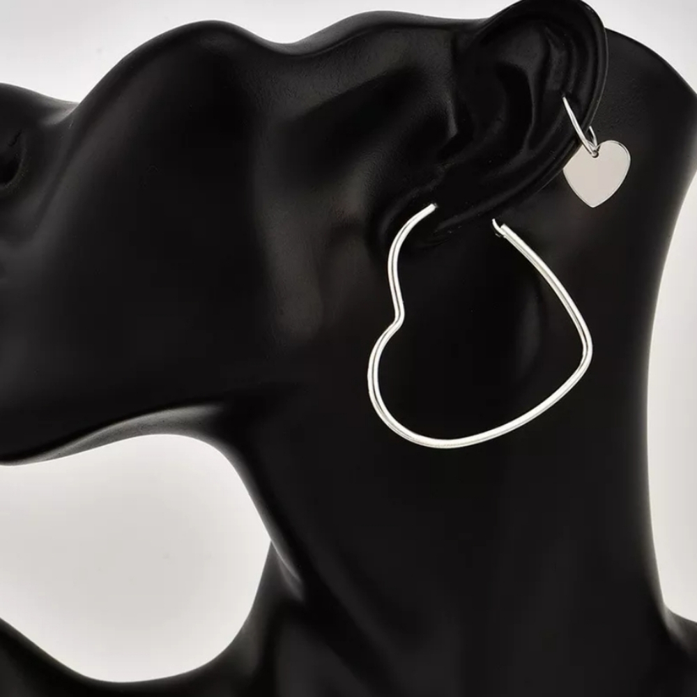 Silver‎ heart earrings with detachable smaller heart charm HOOPS BOHO MINIMALIST